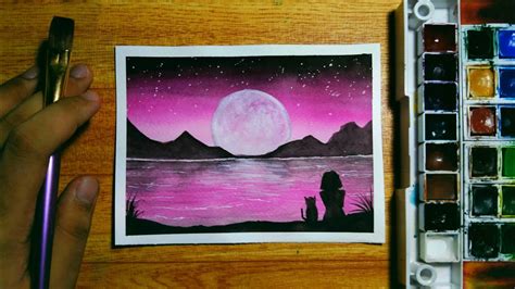 Easy Pink Night Sky Watercolor Painting For Beginners Step By Step