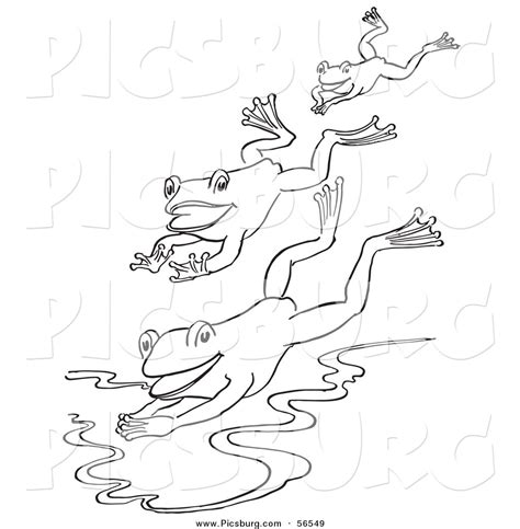 Clip Art Of A Three Frogs Jumping Into A Pond Black And White Line