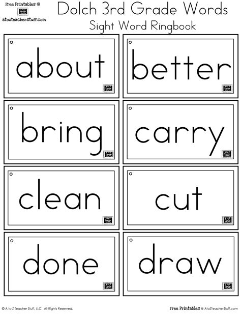 2nd set of 100 sight words for 2nd graders color and b&w included. Third Grade Dolch Sight Words Ring Book | A to Z Teacher ...