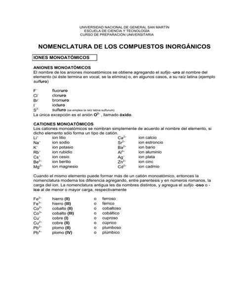 nomenclatura de los compuestos inorgánicos