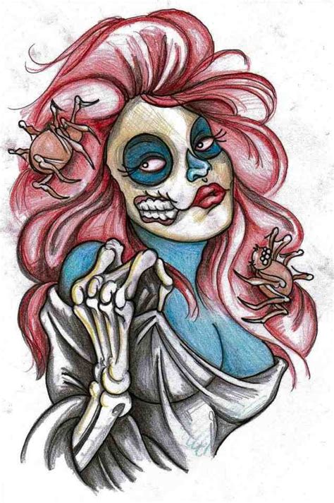 Colorful Muerte Zombie Girl With Pink Hair Tattoo Design Tattooimagesbiz