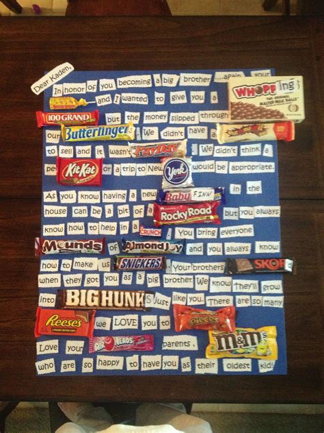 On this page you'll find a list of homemade birthday gifts that you can make at home for your mom, dad, brother, sister, friends, or colleagues. Big brother gift candy card | Big brother gift, Candy ...