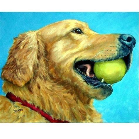 A Painting Of A Golden Retriever Holding An Apple In Its Mouth With