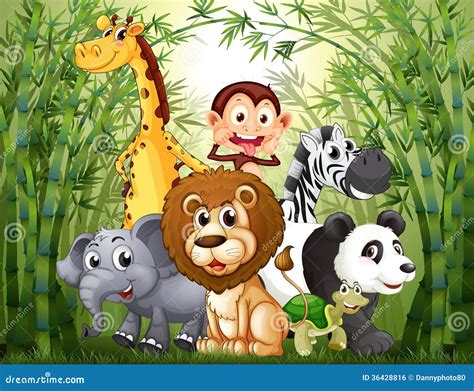 A Bamboo Forest With Many Animals Stock Illustration Illustration Of