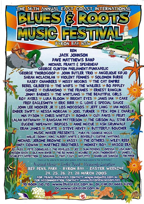 The byron bay bluesfest has grown from humble begins to become internationally renowned and is held annually on the easter long weekend for a period of 5 days. Previous Lineups - Byron Bay Bluesfest