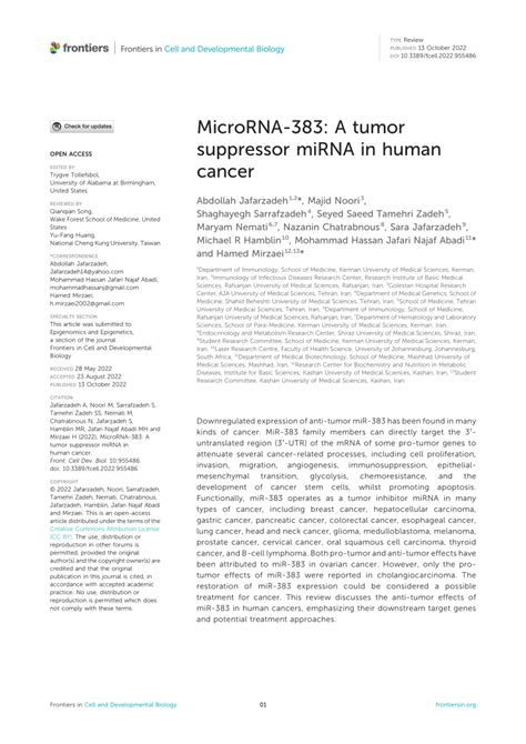 pdf microrna 383 a tumor suppressor mirna in human cancer