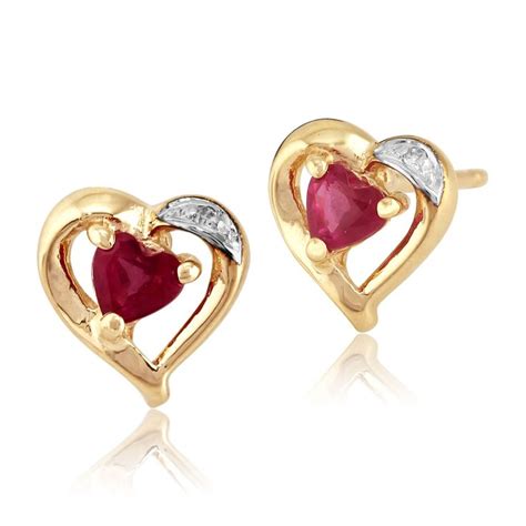 Ct Yellow Gold Ct Natural Ruby Diamond Heart Stud Earrings