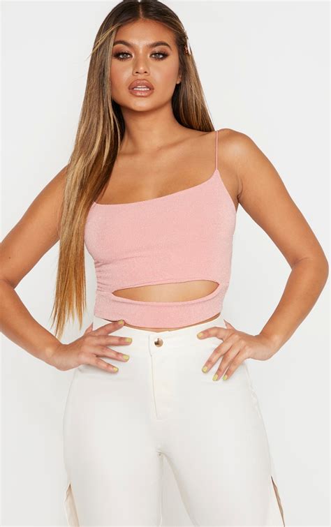 Pink Textured Glitter Cut Out Front Crop Top Prettylittlething