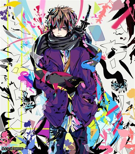 An Anime Character Is Standing In Front Of Colorful Paint Splatters