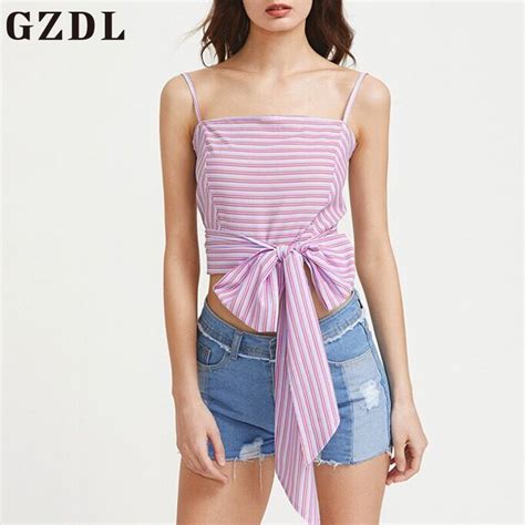 Gzdl Fashion Women Wrap Spaghetti Strap Camis Sleeveless Pink Striped