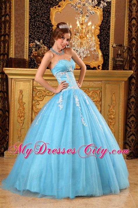 Baby Blue Sweetheart Tulle Sweet Sixteen Appliqued Dresses