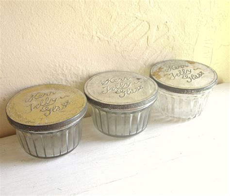 Three Antique Kerr Jelly Glass Jars With Metal Lids Canning