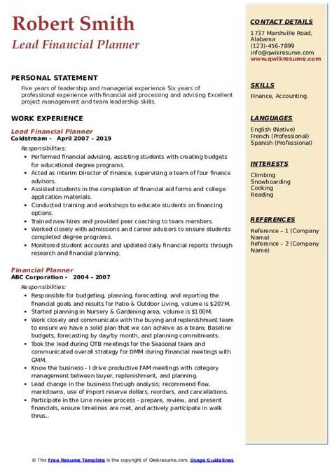 Click on any of the resume examples below to review, then move on to create your own resume, using the sample content as a guide. Financial Planner Resume Samples | QwikResume
