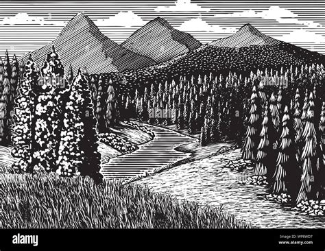 Woodcut Style Illustration Of A Mountain Landscape With A Stream