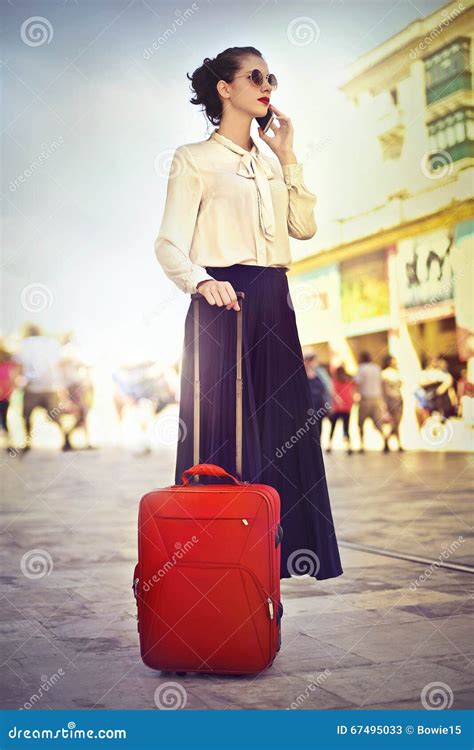 Woman Traveling With Luggage Stock Image Image Of Positive Trip