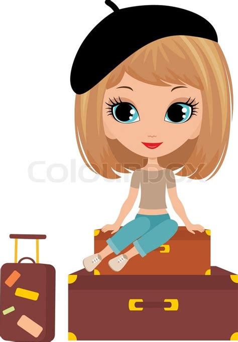 Pretty Girl Sits On A Suitcase Stock Vector Colourbox