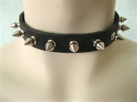 Black Leather Spiked Collar Choker Single Row Of 58 Etsy