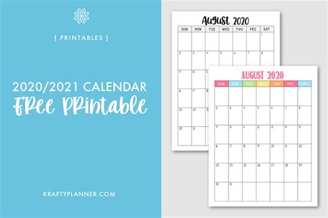 Download a free printable calendar for july 2021 and august 2021. Free Printable 2020-2021 Calendar — Krafty Planner