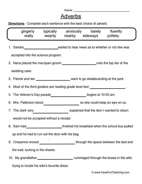 Free Printable Adverb Worksheets For High School