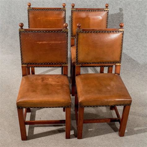 | skip to page navigation. Antique Oak and Leather Set Four Dining Kitchen Chairs ...