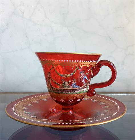 Moser Ruby Glass Cup And Saucer ‘venetian’ Scenes C 1925 Moorabool Antiques Galleries