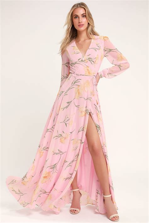 Loving You Blush Pink Floral Print Long Sleeve Wrap Maxi Dress Maxi