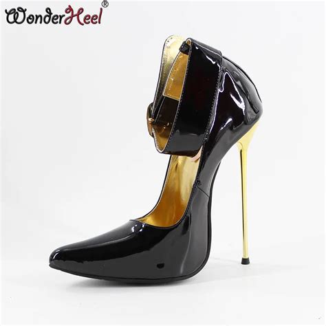 wonderheel hot ultra high heel 16cm metal heel black patent sexy extreme pointed toe ankle