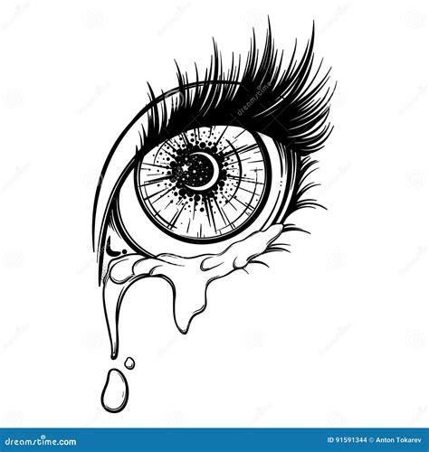 Crying Eye In Anime Or Manga Style With Teardrops And Reflections