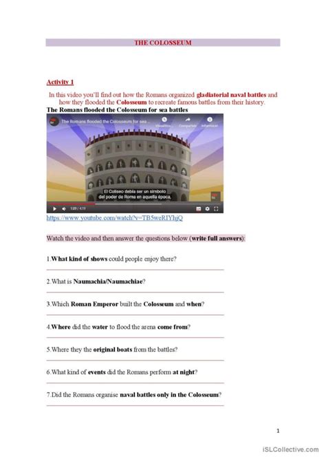 The Colosseum Video Or Movi English ESL Worksheets Pdf Doc