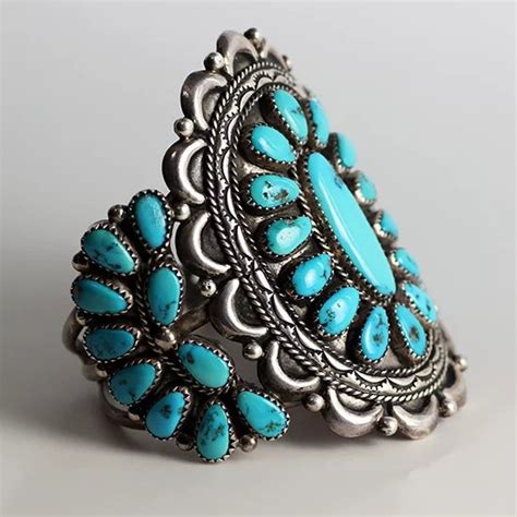 Magnificent Vintage Navajo Turquoise Cluster Sterling Cuff Bracelet