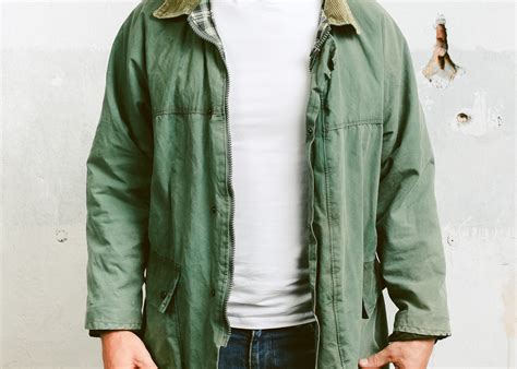 Mens Waxed Hunting Jacket Vintage 1980s Green Outdoor Wear Blanket