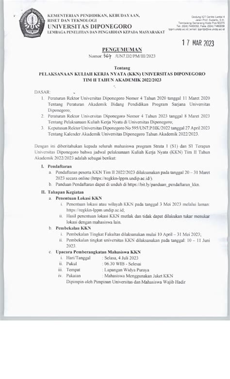 Surat Pengumuman Pelaksanaan Kkn Tim Ii 2023 S1 Hukum Fakultas Hukum