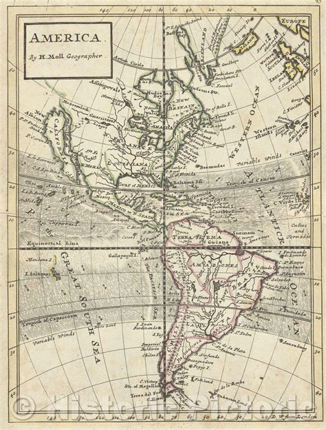 Historic Map America By H Moll Geographer 1701 Vintage Wall Ar