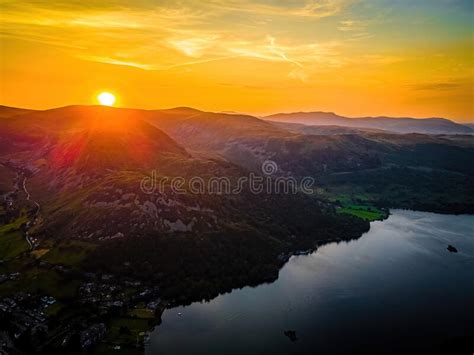 Aerial View Of Sunset Over Ullswater Lake In Lake District A Region