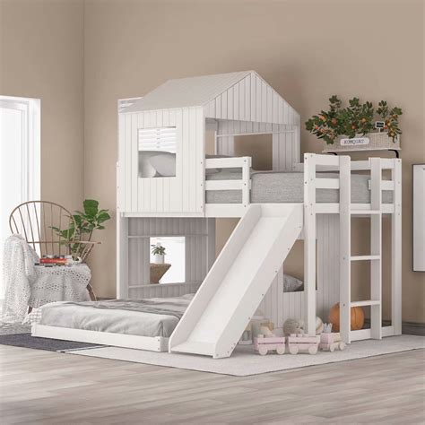 Wooden Twin Over Full Bunk Bed Loft Bed With Playhouse Farmhouse