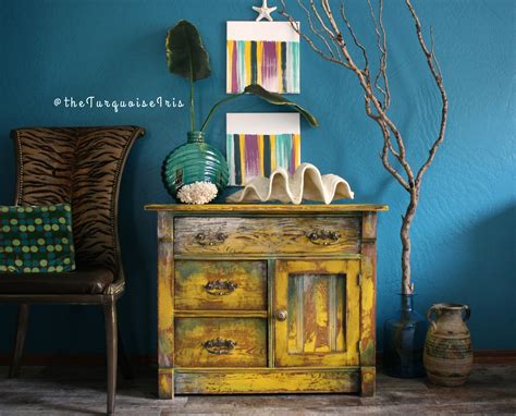 The Turquoise Iris ~ Furniture And Art Hand Painted Mustard Yellow