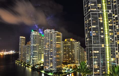 Beach Bridge Cities Florida Marina Miami Monuments Night
