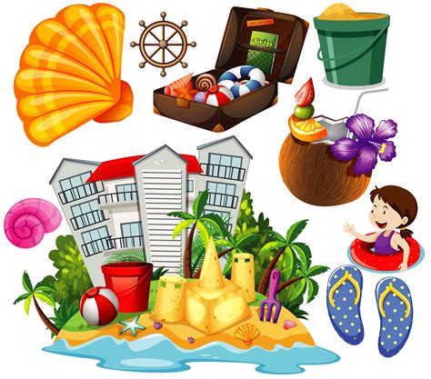 Set Of Summer Beach Cartoon Style Icons 1380999 Vector Art At Vecteezy
