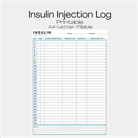 Insulin Injection Log Printable Day Time Blood Sugar Etsy