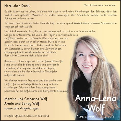 Vilimsky reagierte auf diesen vergleich mit heftigem protest. Traueranzeigen von Anna-Lena Wolf | trauer36.de