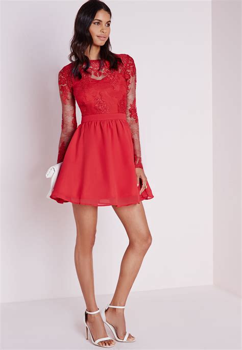 Missguided Premium Lace Long Sleeve Skater Dress Red In