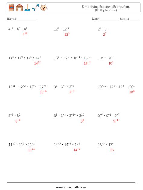 Simplifying Exponent Expressions Multiplication Math Worksheets 2math