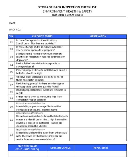Storage Rack Inspection Checklist Format Excel PDF Sample
