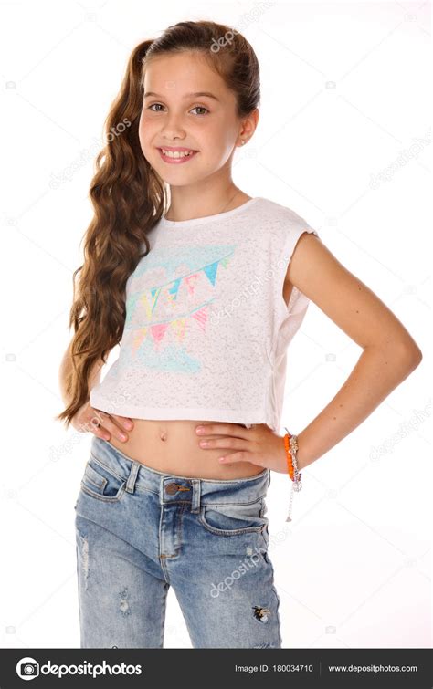 Portrait Beautiful Happy Brunette Young Teen Girl Blue Jeans Bare Stock