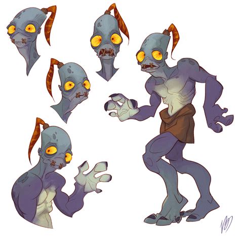 An Alien Character Is Shown In Five Different Poses Including The Head