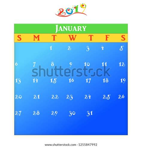 January Month Calendar Blue Green Yellow Stock Illustration 1255847992