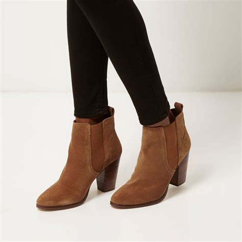 River Island Tan Suede Heeled Ankle Boots In Brown Lyst