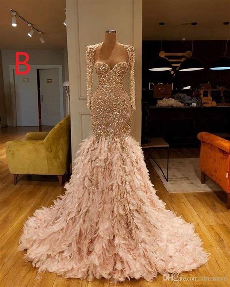 Long Sleeve Gold Feather Mermaid Evening Dresses Prom Dress Sequined