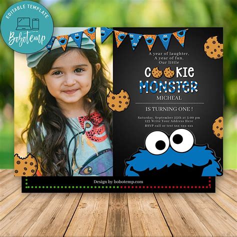 Editable Cookie Monster Invitation First Birthday With Photo Diy