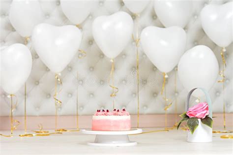 Birthday Cake And Hear Shaped Balloons Background Stock Photo Image